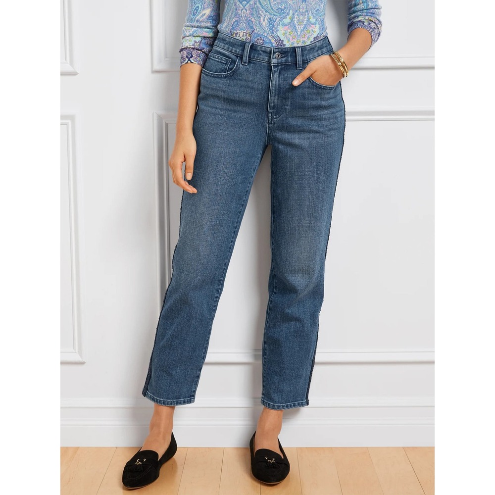 Talbots Straight Ankle Jeans Womens 6P Black Sequin Stardust Stripe High Waist